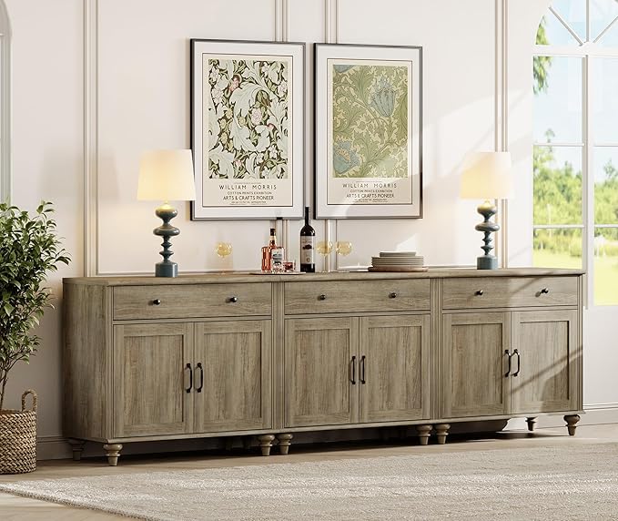 WAMAPT Buffet Cabinet with 6 Doors and 3 Drawers, Large Coffee Bar Table Wood Kitchen Storage Cabinets with Storage Cabinets, Modern Farmhouse Sideboard Credenza for Dining Room, Wash Grey, 101 inch