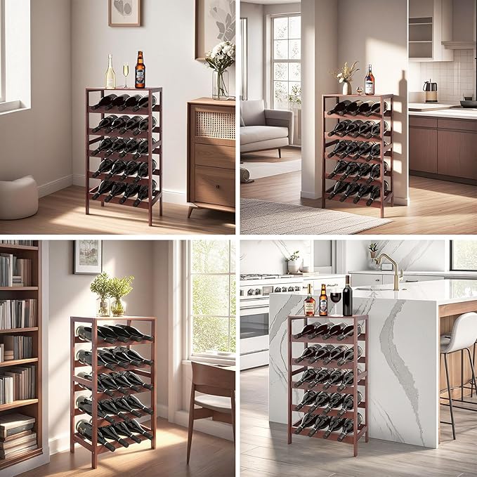 20 Bottle Wooden Wine Rack with Table Top, 5 Tier Bamboo Freestanding Floor Wine Storage Holder, Retro Minimalist Style Home Decorations Wine Display Shelves for Kitchen Dining Room Bar