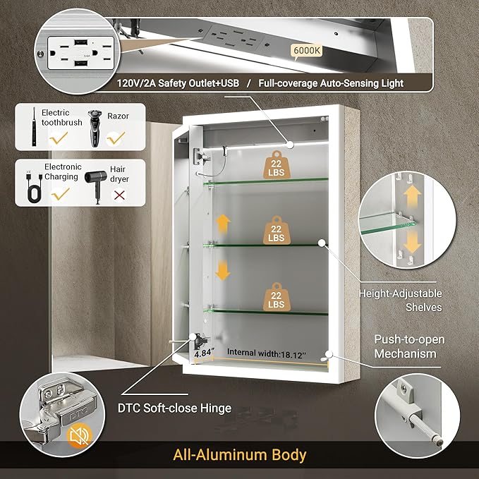 Lighted Medicine Cabinet with Mirror & Clock -20x32 Surface or Recessed Aluminum Medicine Cabinet with Dimmable Light & Outlet, Anti-Fog, Built-in Sensing Light, Assembly-Free