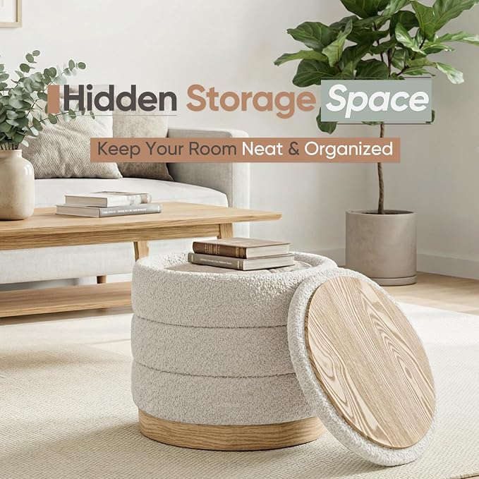Round Storage Ottoman with Reversible Tray Lid, Folding Chenille Fabric Footrest with Hidden Storage, 15.4" Footstool for Small Spaces Living Room Bedroom, Wood Grain Base, Cream White