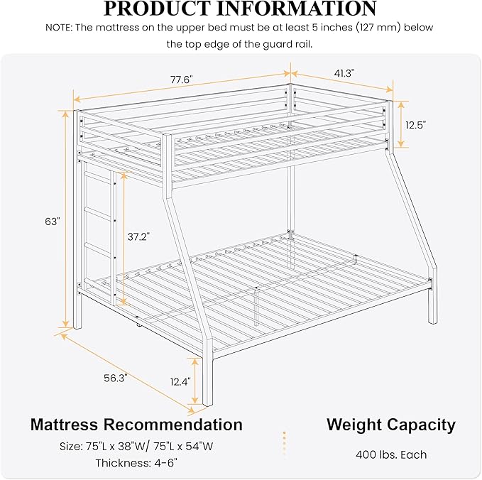SHA CERLIN Loft Bunk Bed Twin Over Full Size with Ladder and Guardrail,Heavy Duty Metal Slats Support No Box Spring Needed Small Space Saving Furniture for Bedroom Dorm,Black