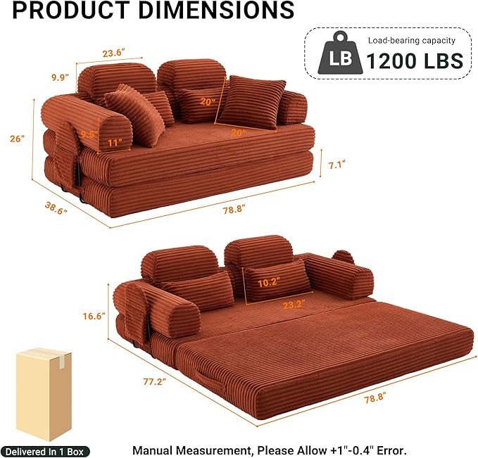 78.8" Convertible Sofa Bed with High Backrest Headrest, 5-in-1 Corduroy Boneless Couch with Side Pocket, Sleeper Loveseat Couch Bed Sectional Couches for Living Room, No Assembly, Orange