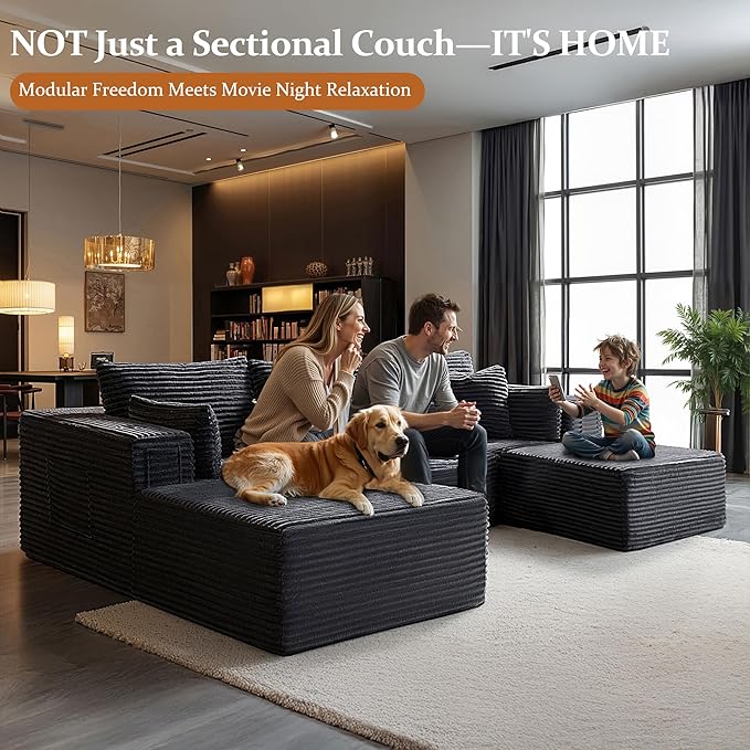 108" Oversized Cloud Sectional Couch, Comfort U Shaped Boneless Couch for Living Room, Extra Deep Seats No Assembly, Modular Sofa, Corduroy (Dark Grey, 2 Seater+Right Facing Chaise+Ottoman)