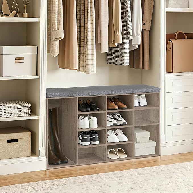 DINZI LVJ Shoe Storage Bench with Cushion, 16-Cubby Shoe Rack, Adjustable Shelves, Multifunctional Shoe Organizer Bench for Entryway, Mudroom, Hallway, Living Room, Bedroom and Garage, Greige