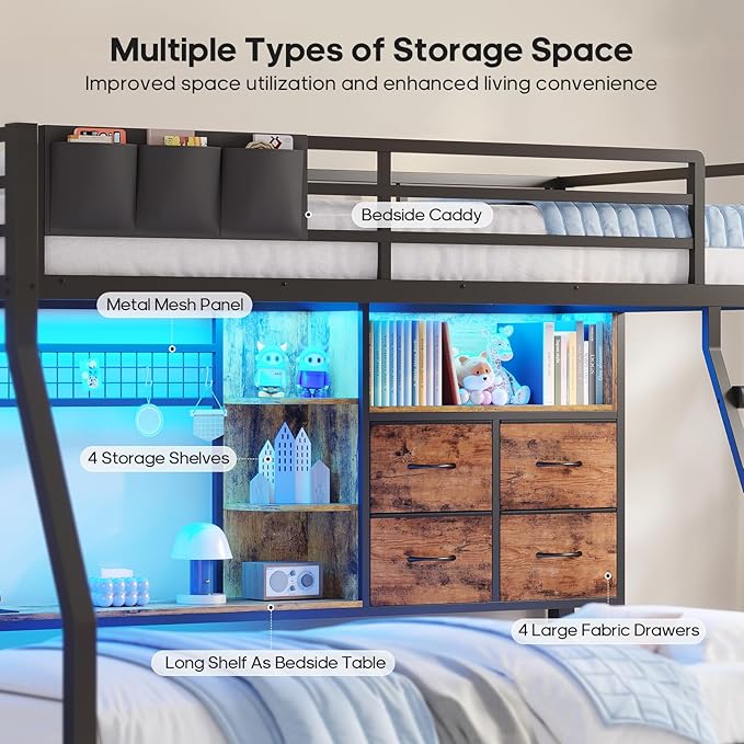 BTHFST Bunk Bed Twin Over Twin with 4 Storage Drawers & Shelves & Bedside Caddy, Twin Bunk Beds with LED Lights & Charging Station, Metal Loft Bed with Angled Ladder & Safety Guardrail, Rustic Brown