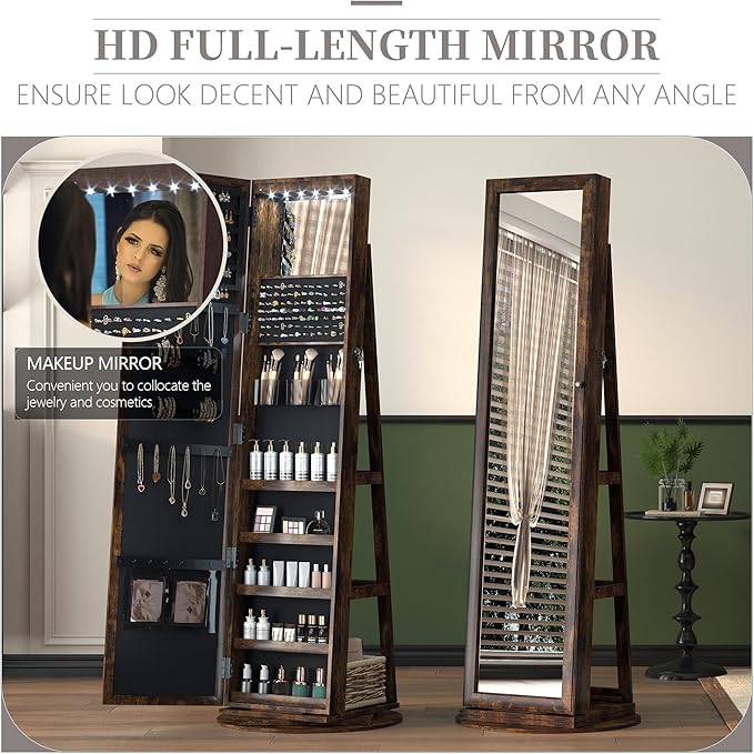 LVSOMT Mirror Jewelry Cabinet Standing, 360° Swivel Jewelry Armoire with 6 LED Lights and Interior Mirror, Full Length Mirror with Storage, Standing Lockable Jewelry Organizer, Retro Brown