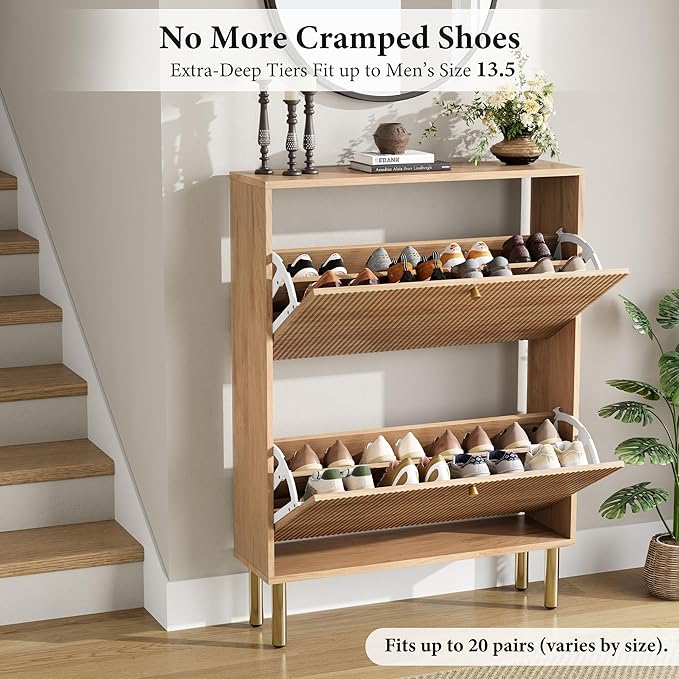 Nicetree Shoe Storage Cabinet for Entryway - Flip Shoe Cabinet with Tiered Fluted Design - Slim Shoe Storage Rack with Gold Legs - Narrow Shoe Cabinet Hidden Shoe Organizer for Small Spaces