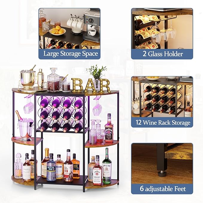 JKsmart Wine Bar Cart with LED Lights, Mini Wine Rack with Storage and Glass Holder, Small Home Bar Cart for Liquor, 3-Tier Bar Table for Kitchen, Dining Room, Living Room, Rustic Brown