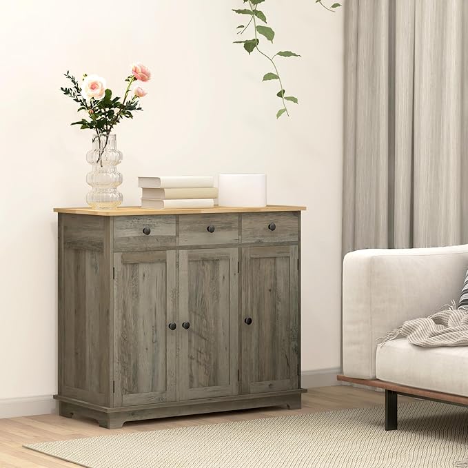 HOMCOM Sideboard Buffet Cabinet with Solid Wood Countertop, Modern Kitchen Storage Cabinet, Coffee Bar Cabinet with 3 Drawers, Doors and Adjustable Shelf, Distressed Gray
