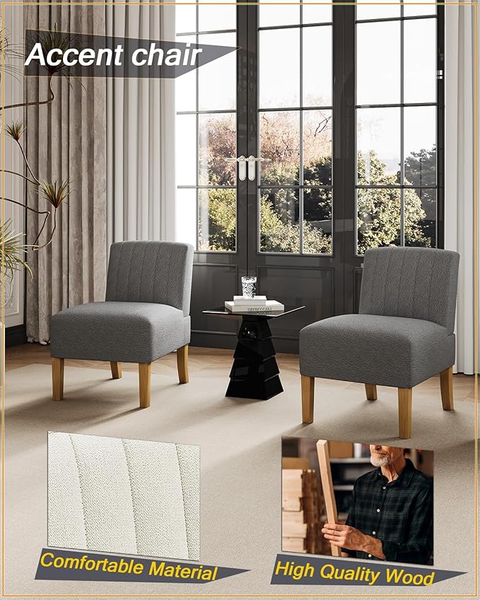 VIRRMO Armless Accent Chairs Set of 2 for Living Room, Modern Slipper Chair Living Room Chairs with Solid Wood Legs, Makeup Vanity Chair Fabric Comfy Upholstered Arm Chair Accent Chair,Grey