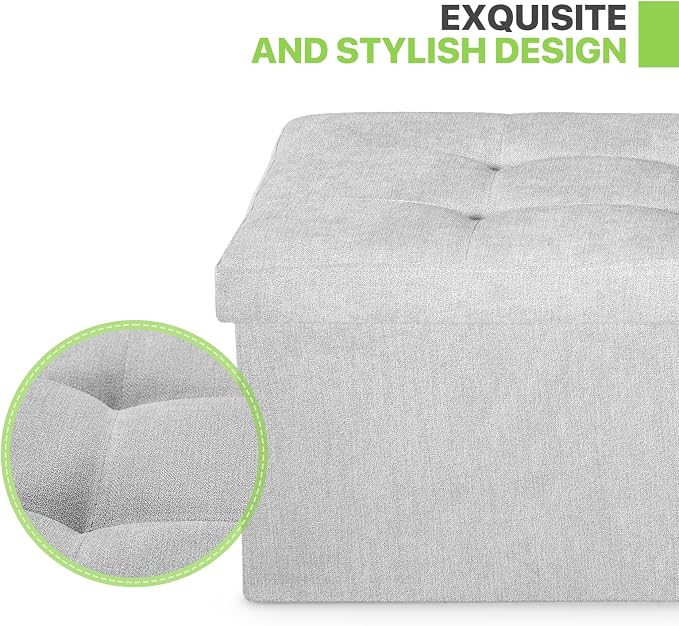 Magshion Folding Storage Ottoman Bench, 43 Inches Ottoman Foot Rest, Large End of Bed Bench, Storage Chest for Living Room, Entryway, Bedroom, 600 lbs Load Capacity, 15 x 43 x 15 Inches, Light Gray