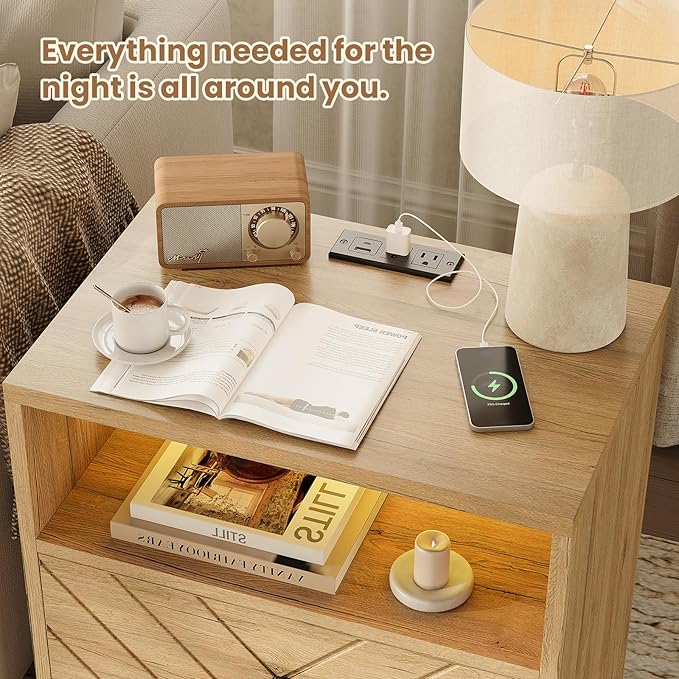 Modern Nightstand with Charging Station,LED Bedside Table with 2 Storage Drawers and Open Storage Cabinet,Wood Large End Table for Bedroom Furniture,Oak