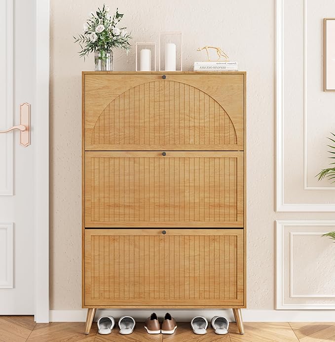Fsbecl Shoe Storage Cabinet for Entryway with 3 Flip Drawers, Narrow Shoe Organizer with Fluted Panel, Freestanding Wood Hidden Shoe Cabinet for Hallway(Wood Color, 31.4''W, Double Layer)