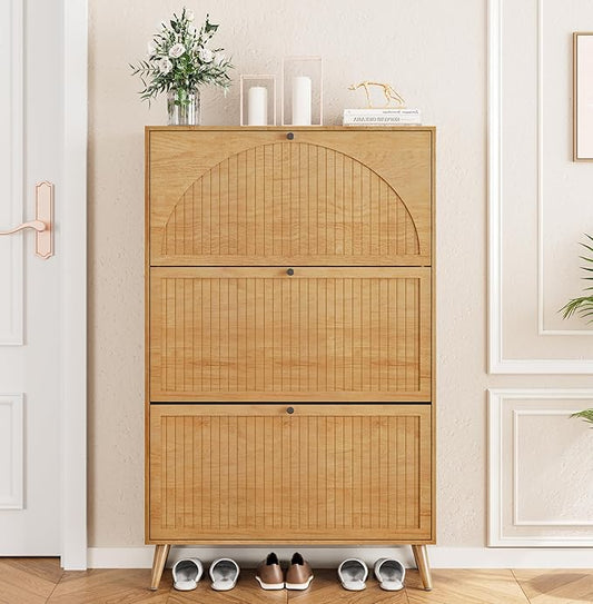 Fsbecl Shoe Storage Cabinet for Entryway with 3 Flip Drawers, Narrow Shoe Organizer with Fluted Panel, Freestanding Wood Hidden Shoe Cabinet for Hallway(Wood Color, 31.4''W, Double Layer)