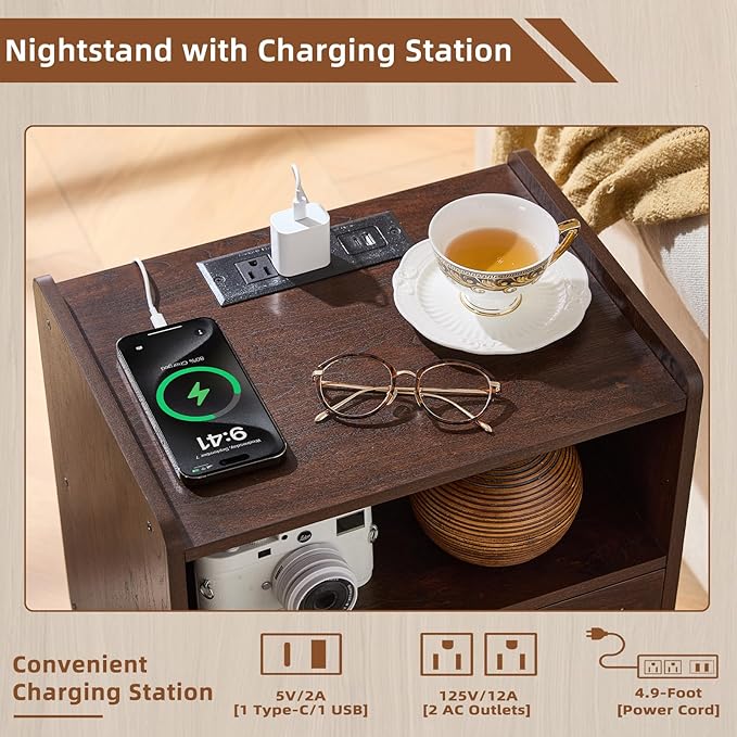 Lerliuo Rattan Nightstand with Charging Station, Walnut Bedside Table with Drawer Open Shelf, Cane Accent Side End Table with Solid Wood Legs, Night Stand for Bedroom, Dorm and Small Spaces
