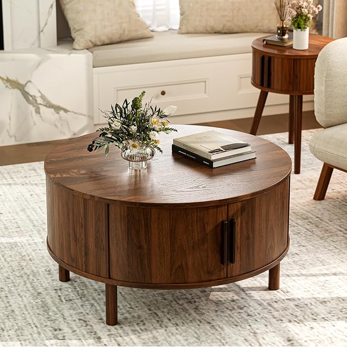ZttRiee Coffee Table for Living Room, Modern Round Coffee Table with Cabinets & Sliding Doors, Home Small Space, 29.9" Fluted Center Table, Walnut