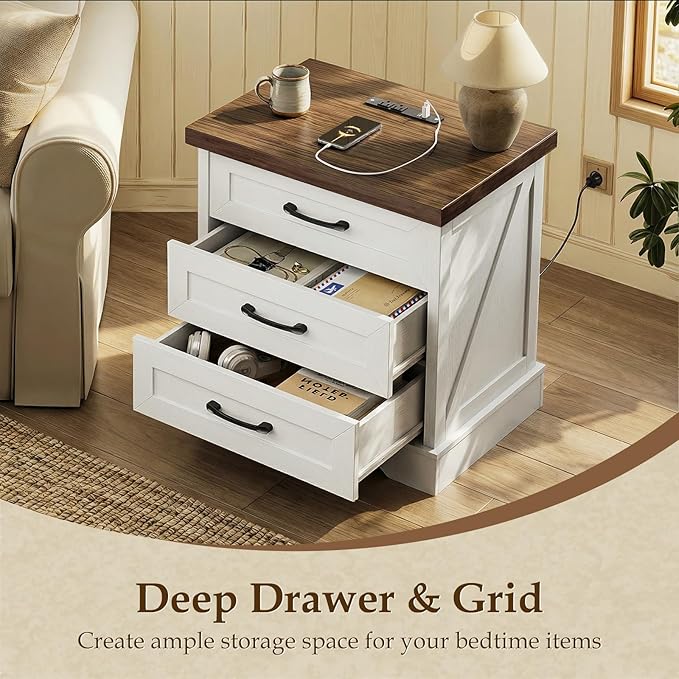 AODK Farmhouse Nightstands Set of 2, 24 Inch Bedside Tables with Charging Station, End Tables with Three Drawers, Bed Side Tables with Outlet and USB for Bedroom & Living Room, White & Walnut