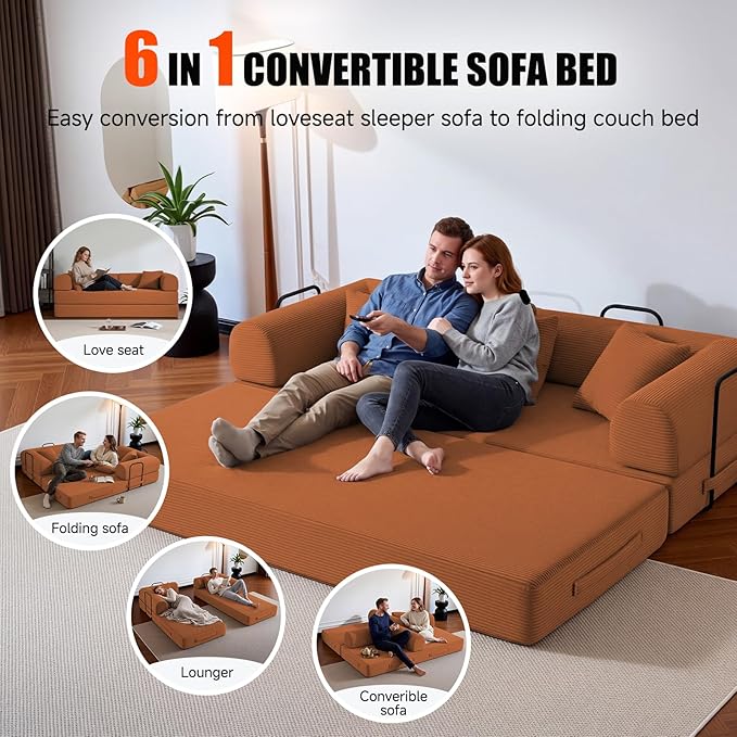 79" Compressed Sofa, Convertible Sofa Bed, Corduroy Compression Boneless Couch with Pillow, Comfy Modular Foldable Floor Sleeper Sofa for Bedroom, Living Room, Lounge, Studio (Orange)