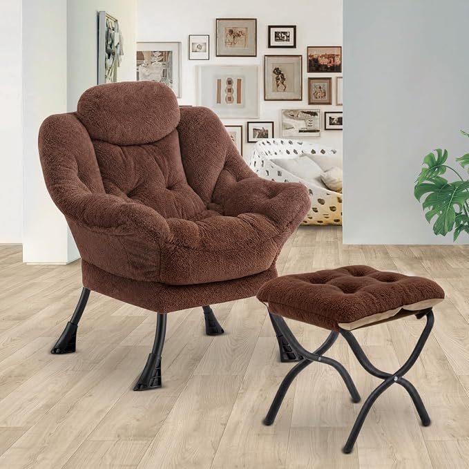 Lazy Chair with Folding Ottoman,Leisure Sofa Chair,Soft Fabric Armchair with Armrests and Side Pockets, Reading Chair with Footrest for Living Room, Bedroom, Office (Plush Dark Brown)