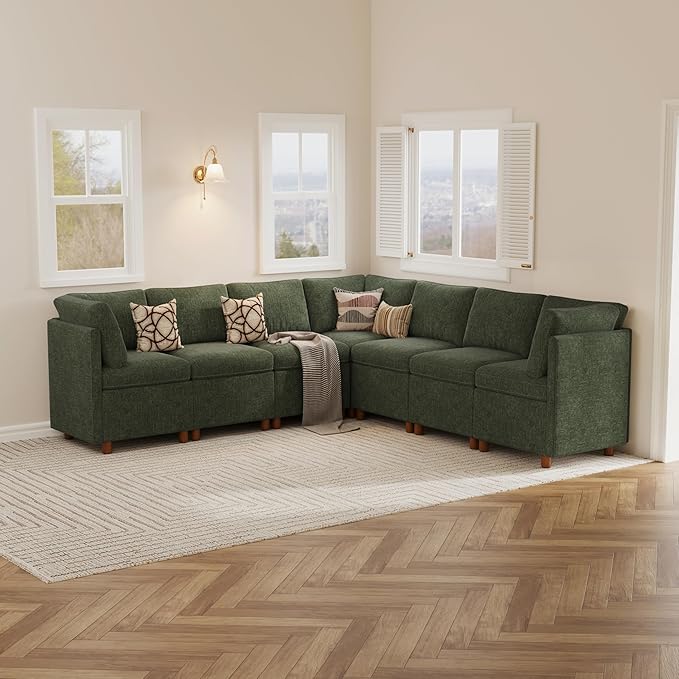 SITJOY Breakfast Nook Bench with Storage, Modular Corner Kitchen Banquette Seating, Dining Settee Couch, Upholstered Dining Bench with Back, Soft-to-Touch Fabric in Green, 7-Seat L Shaped Booth