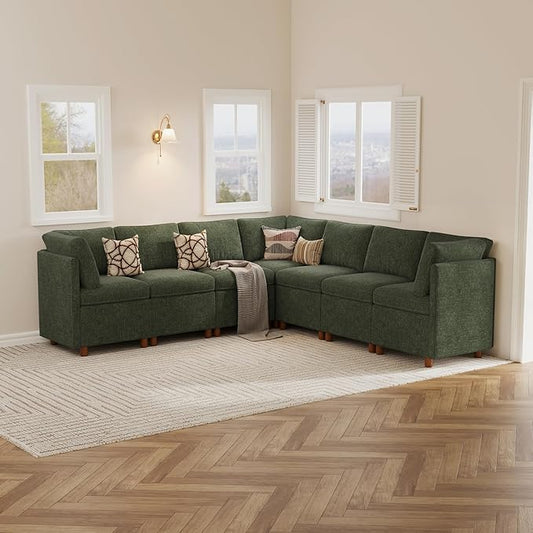 SITJOY Breakfast Nook Bench with Storage, Modular Corner Kitchen Banquette Seating, Dining Settee Couch, Upholstered Dining Bench with Back, Soft-to-Touch Fabric in Green, 7-Seat L Shaped Booth