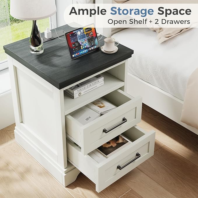 DUMOS Nightstand with Charging Station, Wood Farmhouse Bedside Table with 2 Drawers and Open Shelf, Wood End Table, Modern Side Table for Bedroom, White