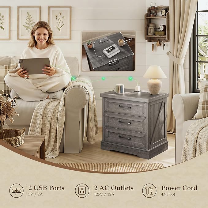 AODK 24 Inch Farmhouse Nightstands with Charging Station, Wood Bedside Tables with Three Drawers, Bed Side Table with Storage, Rustic End Tables with Outlet and USB for Bedroom, Living Room, Oak Grey