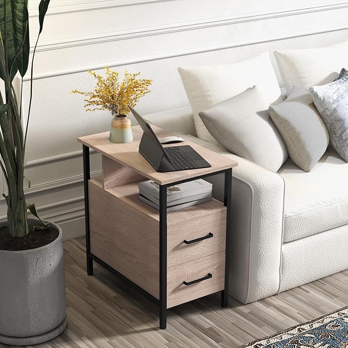 Livofloral Side Tables with Charging Station, Narrow End Table with 2 Wooden Drawers, USB Ports and Power Outlets, Narrow Nightstand and Bedside Table, Side Tables Living Room, Bedroom, Greige