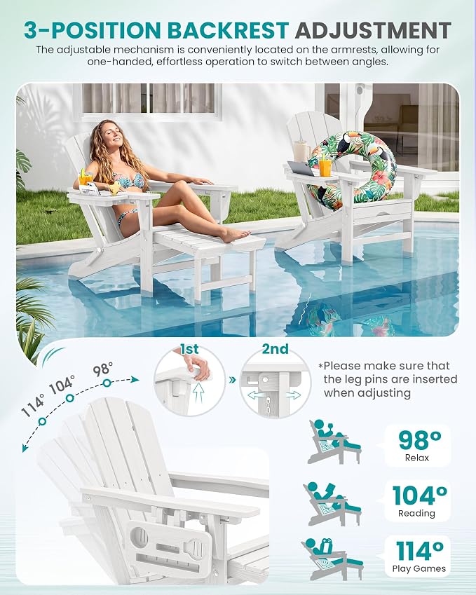 SERWALL Folding Adjustable Adirondack Chairs with Footrest Set of 4, HDPE Outdoor Chair with 4-in-1 Cup Holders, All Weather Adirondack Chair with Ottoman, White