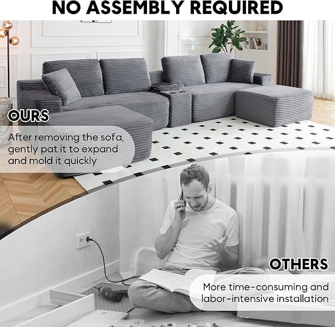 125 Inch Modular Sectional Sofa, Modern Oversized Corduroy Cloud Couch with 2 Ottomans, Cup Holders and USB Ports, U Shape Couch Boneless Couches for Living Room, No Assembly Required, Grey