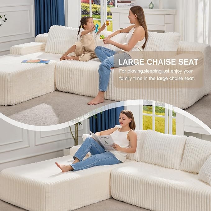 Hobestluk Modular Sectional Sofa Boneless Couch L-Shape Couch 3 Seat Modular Couch Memory Foam Sectional Couches for Living Room Furniture, Cloud Couch with Oversized Chaise (108" Left Facing Chaise)