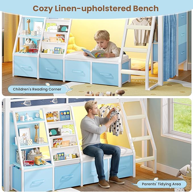 MSmask Low Loft Bed with 7 Storage Drawers & Reading Nook, Kids Twin Loft Bed with Bookshelf, LED Lights & Safety Guardrail, Loft Bed Twin Size with 35.8''H Play Space, Inclined Ladder, White & Blue