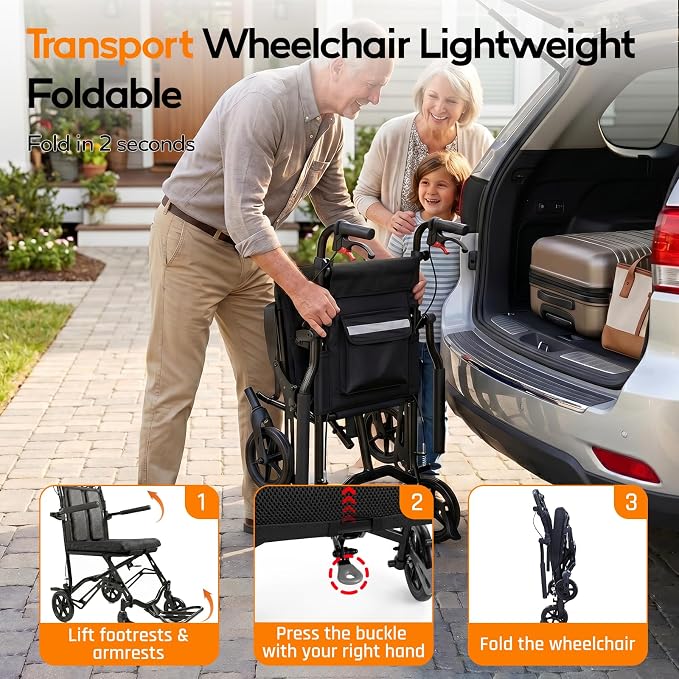 18LBS UIltra Lightweight Wheelchairs with Foldable Footrest and Armrests, Transport Wheelchair Lightweight Foldable with Handbrakes, Transport Chair for Adults Seniors Kid, 1s Quick Folding, Black