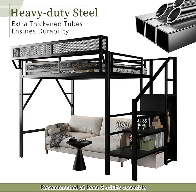 Mirightone Twin Size Loft Bed with Stairs and Storage, Metal Loft Bed Frame with A Shelf and Large Under-Bed Space, Heavy-Duty Loft Beds for Kids Boys Girls Teens, Black
