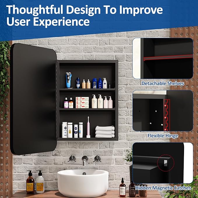 ACEMIRO 24x30 Inch Bathroom Medicine Cabinet with Mirror Black Metal Framed Farmhouse Recessed or Surface Wall Mounted Black Medicine Cabinets for Bathroom
