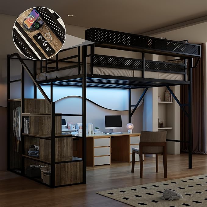 Full Size Metal Loft Bed with Storage Shelf Built-in USB Port, Heavy Duty Loft Bed w/Storage Stairs & Wardrobe+ LED Lights for Bedroom, Large Under-Bed Area, Noise Free, No Box Spring Needed