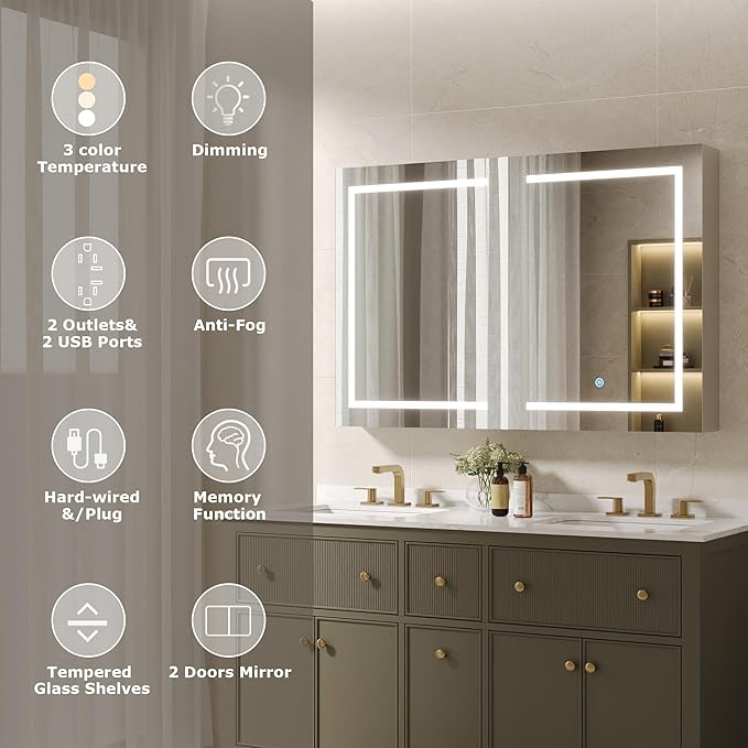 DeerValley Led Lighted Medicine Cabinet with Mirror, 48" W x 32" H Mirrored Medicine Cabinet with Lights for Bathroom with Defogger & Dimmable 3-Color