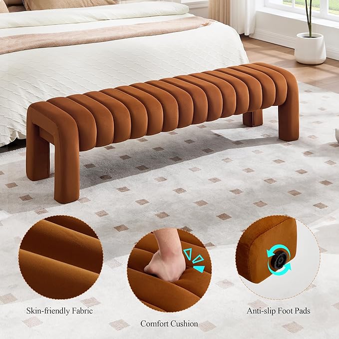 63’’ Bedroom Bench, Upholstered End of Bed Bench with Solid Wood Legs, Modern Long Dining Bench with Full Covered Fabrics for Entryway, Bedroom, Living Room (Brown, Velvet)