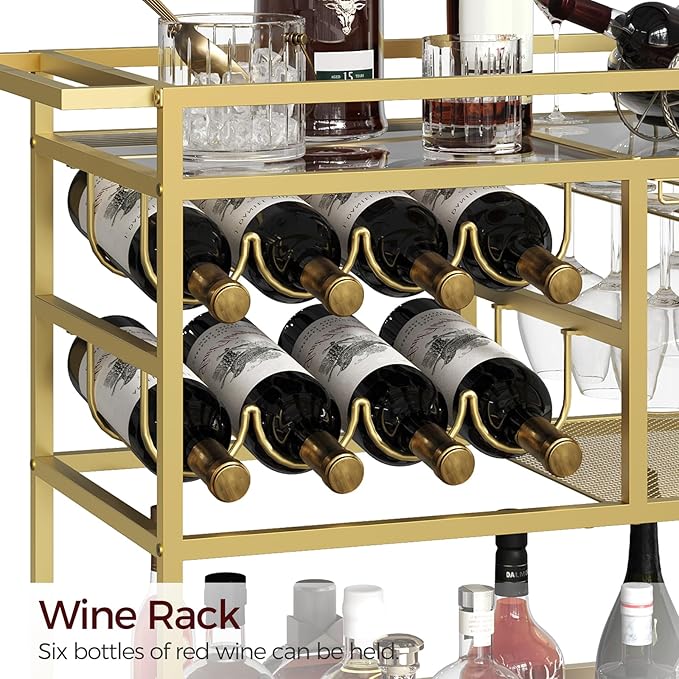MAHANCRIS Bar Cart for Home, 3-Tier Serving Cart with Wheels and Handle, Beverage Cart with Wine Rack and Glass Holders, Rolling Wine Cart for Kitchen, Dining Room, Gold RCGD81B01