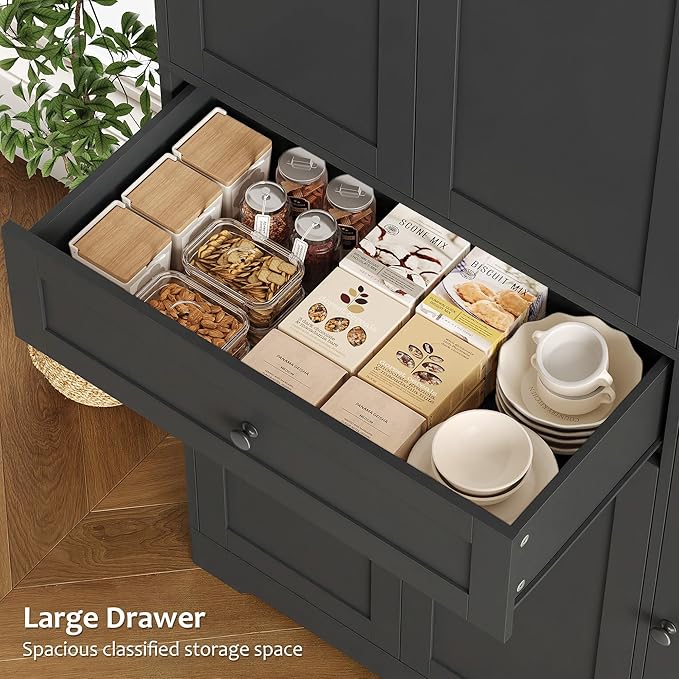 HOSTACK 68" Tall Kitchen Pantry Storage Cabinet, Modern Kitchen Hutch Cabinet with Doors and Shelves, Freestanding Food Pantry with Large Storage Drawer for Dining Room, Living Room, Black
