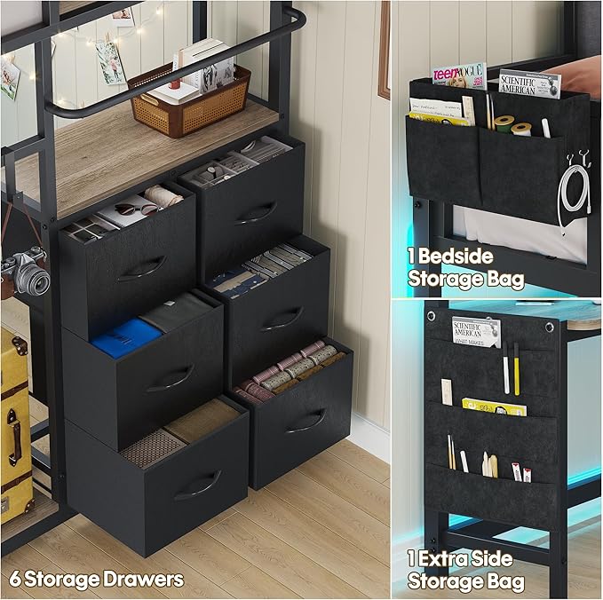 BYSAUD Loft Bed Twin Size, Loft Bed with Desk and 6 Storage Drawers, Twin Loft Beds with Charging Station and 4 Storage Shelves, Bunk Bed with Safety Guard & Ladder, No Box Spring Needed, Oak Gray