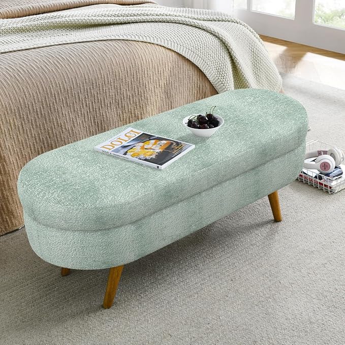 43.5" Ottoman with Storage, Storage Ottoman Bench with Safety Hinge, FoamEnd of Bed Bench, Upholstered Entryway Bench for Bedroom, Living Room & Window, Holds up to 330 lb, Cyan