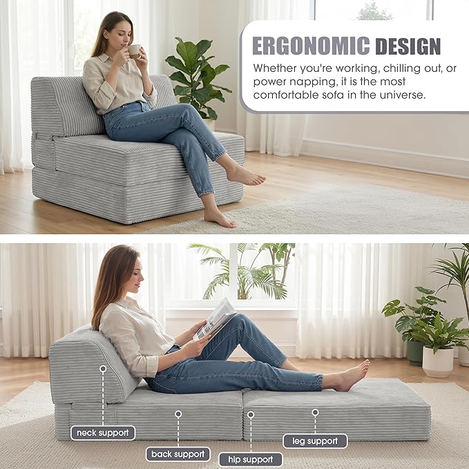 Kasunpul Folding Sofa Bed with Pillow, Memory Foam Fold Out Chair Bed, Convertible Sleeper Chair with Washable Cover, Futon Floor Couch for Living Room/Dorm/Guest Use/Home Office/Apartment, Light Grey