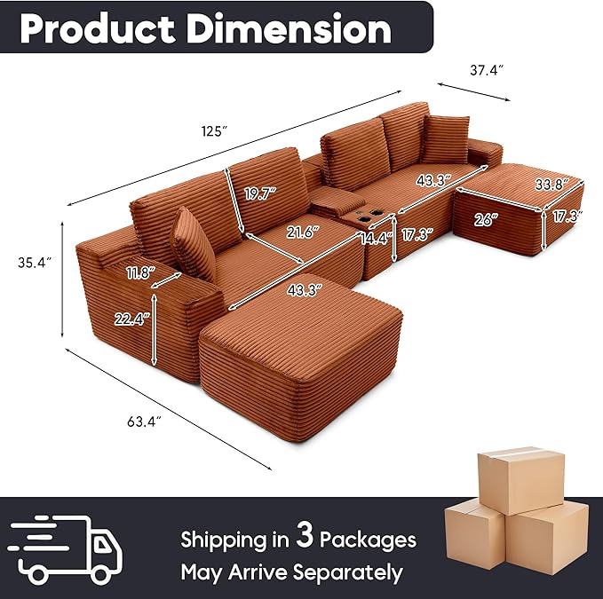 125 Inch Modular Sectional Sofa, Modern Oversized Corduroy Cloud Couch with 2 Ottomans, Cup Holders and USB Ports, U Shape Couch Boneless Couches for Living Room, No Assembly Required, Orange