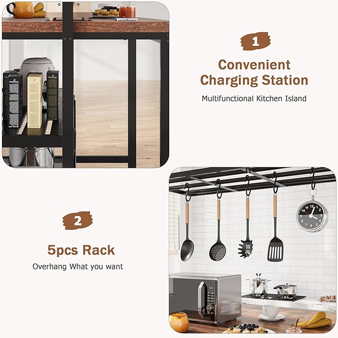 GarveeHome Kitchen Island with Storage, 42''Island Table for Kitchen with Seating Bakers Rack Microwave Oven Stand Shelf with 3 Tier Storage Shelf for Dining Room Living Room, 5 Hooks 42"*28"*72"