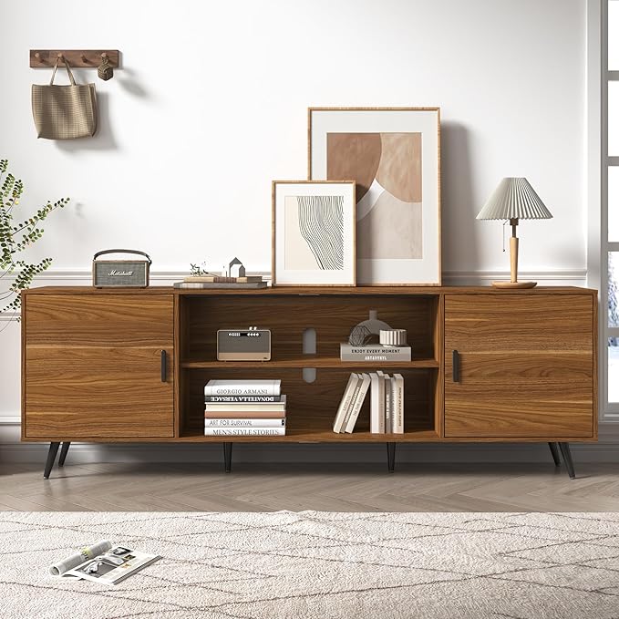 80 Inch Mid Century Modern TV Stand for 75 Inch TV, Wood TV Stand with Storage, Entertainment Center for Living Room Bedroom, TV Media Console, Walnut