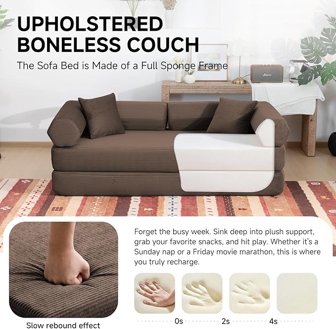 79" Boneless Couches for Living Room, Corduroy Sofa Bed with 2 Pillows,Side Pockets,Hex Arm, 5-in-1 Loveseat Sleeper Sofa for Small Spaces, High-Density Foam Couch, No Assembly, Brown