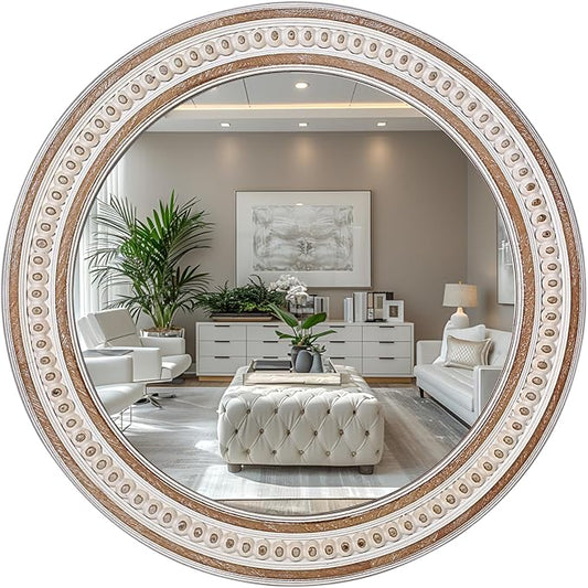 24 Inch Rustic Farmhouse Round Wall Mirror, Wooden Circle Bathroom Mirror for Over Sink, Decorative for Entryway, Bedroom, Living Room