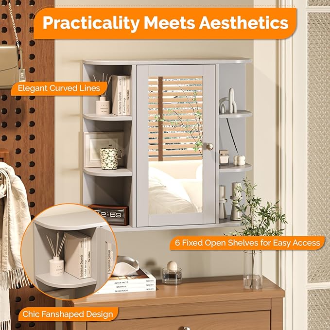 VINGLI Grey Mirror Medicine Cabinet Wall Mounted, Bathroom Storage Organizer Over Toilet with 6 Open Curved Shelves, Adjustable Vanity Cupboard with Single Door for Entryway & Living Room, Grey