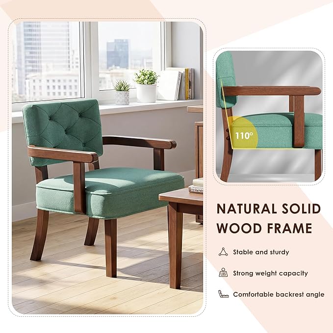 Versatile Accent Chairs Set of 2,Butacas para Sala, Modern Oversize Arm Chair,Upholstered Wooden Chairs with Arm Rest,Tufted Backrest,Cushion, for Office,Waiting/Reading/Living Room, Green
